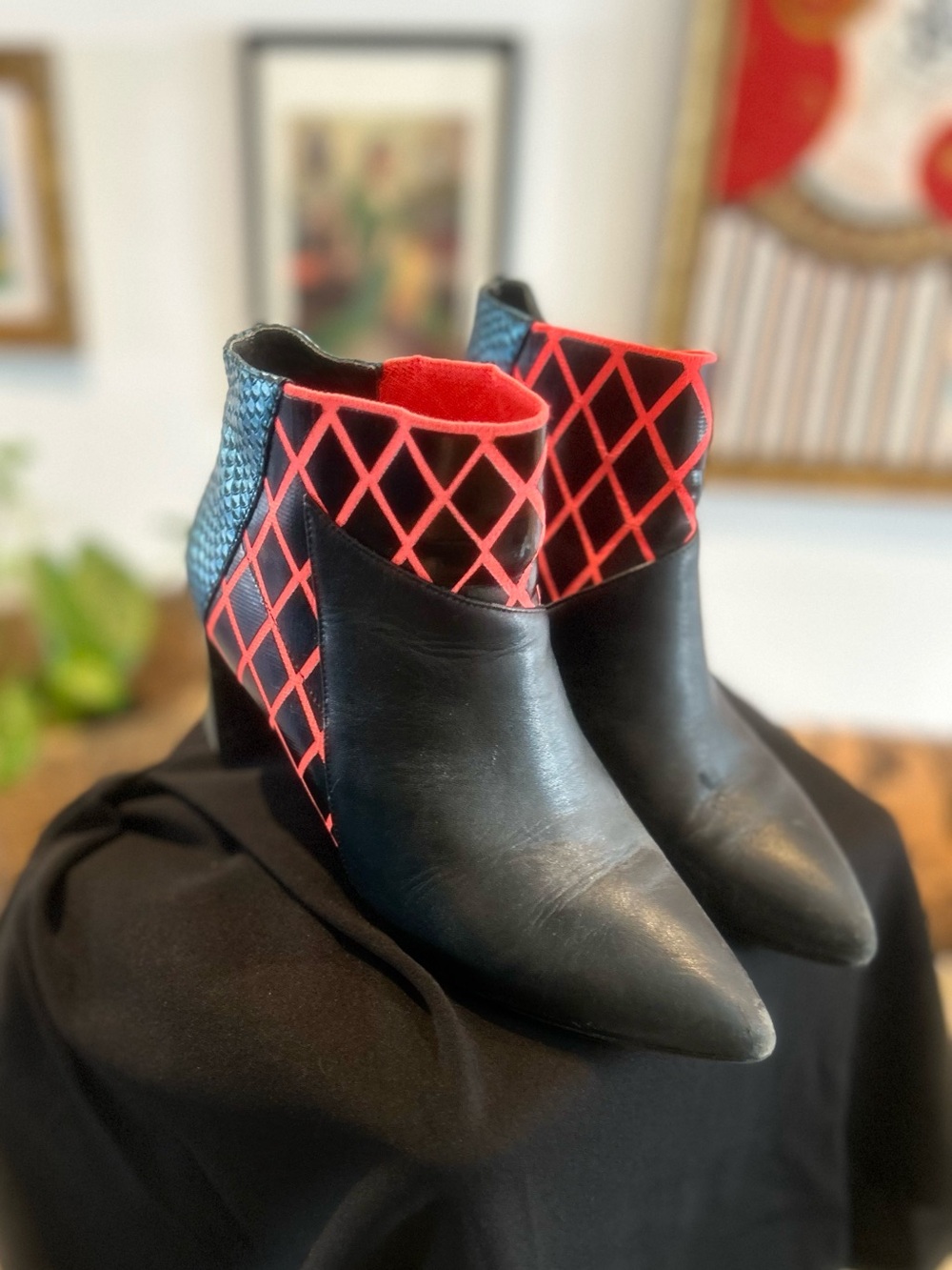 United Nude Black Pointed Ankle Boots with Red Lattice and Blue Accents